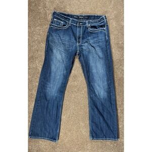 Helix Mens Relaxed Boot Jeans Dark Wash White Stitching Size 38x32 Pocket Design